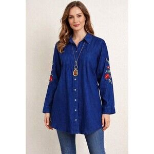 Vintage Dark Blue Embroidered Button Front Top Pintuck Womens XL Tunic Boho
